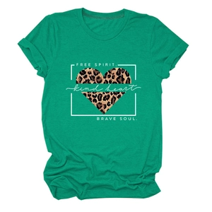 Close-up of green t-shirt with leopard print heart and Free Spirit Brave Soul slogan