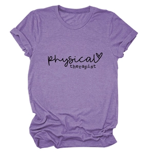 Detail of purple physical therapist t-shirt showing fabric texture and heart graphic
