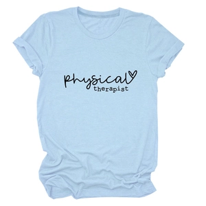 Close-up of light blue cotton T-shirt with physical therapist script and heart icon