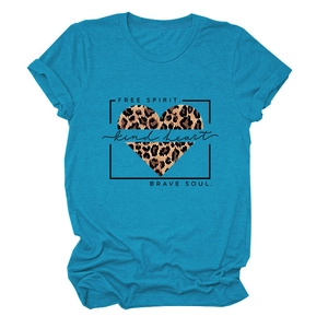 Detail of teal cotton T-shirt featuring leopard print heart and typography print