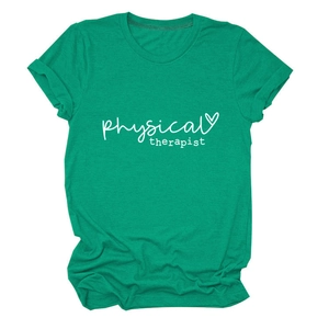 Detail of physical therapist text and heart graphic on green cotton blend T-shirt