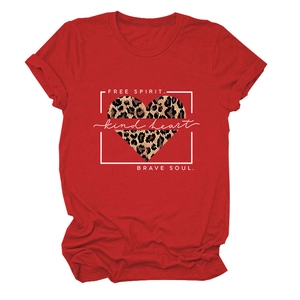 Detail of red cotton T-shirt featuring leopard print heart and inspirational slogans