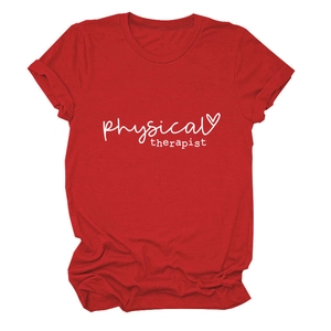 Detail of red cotton t-shirt featuring white physical therapist text and heart print