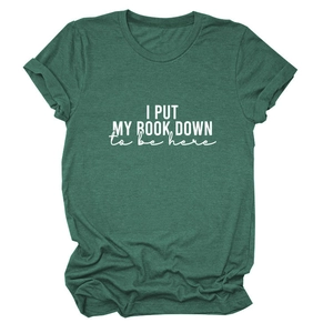 Close-up of white text print on a dark green melange cotton short sleeve t-shirt