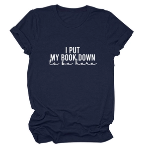 Detail of navy cotton t-shirt featuring I Put My Book Down white slogan print