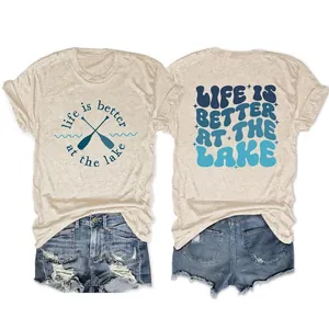 Women Cotton Blend Print T-Shirt And Ripped Denim Shorts Life Is Better At The Lake Round Neck Summer Streetwear Outfit