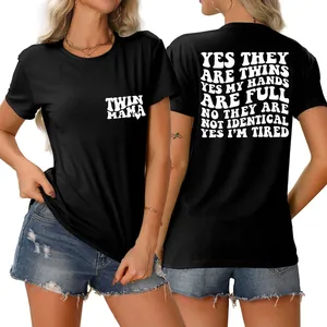 T-Shirt Graphique Twin Mama Femmes Coton Col Rond Manches Courtes Slogan Humoristique Été Décontracté
