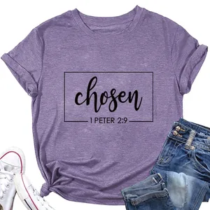 Religious Christian Women T-Shirt Short Sleeve Round Neck Loose Cotton Top Chosen Script Print Casual Streetwear