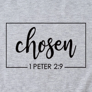 Heather grey knit T-shirt featuring Chosen 1 Peter 2:9 scripture print detail