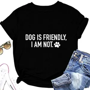 Women's Casual Cotton Blend T-Shirt Humorous Slogan Dog Is Friendly Print Round Neck Short Sleeve Loose Summer Top