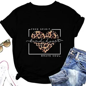 Women T-Shirt Leopard Heart Print Short Sleeve Round Neck Cotton Blend Casual Street Style Summer Top