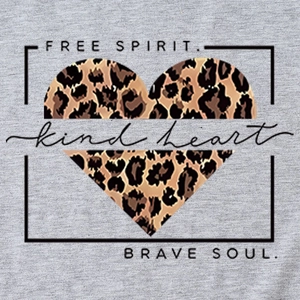 Grey t-shirt with Free Spirit slogan and leopard print heart graphic design