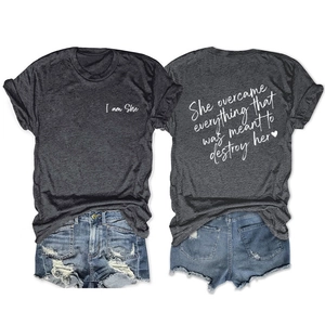 Dark grey t-shirt with 'She overcame everything' back print and denim shorts set