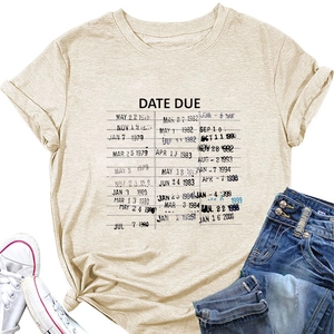 Close-up of oatmeal crew neck T-shirt featuring retro library card date due print