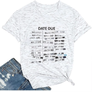 Close-up of white summer T-shirt featuring a library date due card graphic print