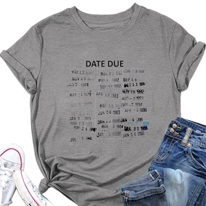 Detail of grey cotton T-shirt featuring retro Date Due library card graphic print