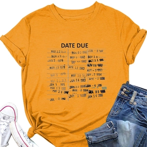 Detail of ginger yellow short-sleeve T-shirt with vintage Date Due library card print