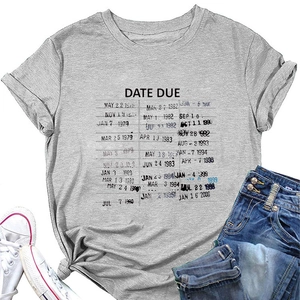 Detailed view of heather grey T-shirt featuring vintage Date Due library card graphic print