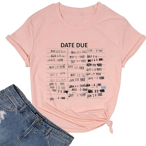 Detailed view of pink cotton T-shirt featuring a vintage Date Due library card print