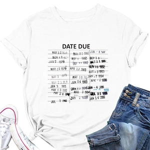 Detailed view of white cotton T-shirt featuring vintage library date due card graphic