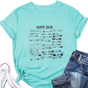Close-up of mint green cotton T-shirt featuring vintage date due library card print