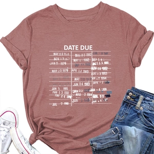 Close-up of brick red cotton T-shirt with vintage date due library card print detail