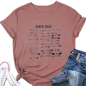 Close-up of terracotta cotton T-shirt featuring a retro date due library card print