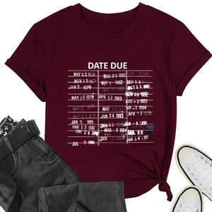 Flat lay of burgundy short sleeve T-shirt with vintage white Date Due library stamp print