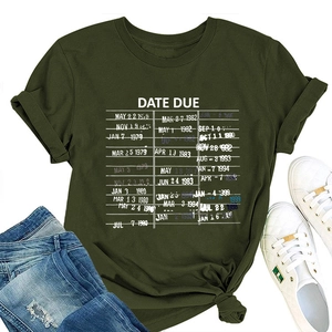 Flat lay of an army green T-shirt with vintage library card date due graphic print