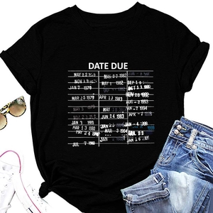 Detail of black cotton T-shirt featuring vintage retro date due library card print