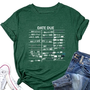 Close-up of vintage DATE DUE library card print on dark green short sleeve T-shirt
