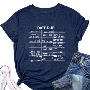 Flat lay of navy blue short sleeve T-shirt with vintage date due card print and casual wear