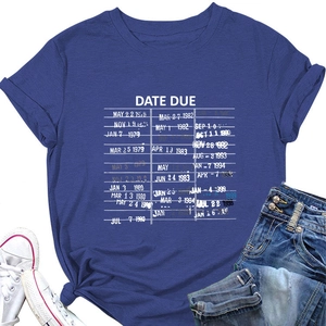Flat lay of blue cotton T-shirt featuring vintage DATE DUE library card print design