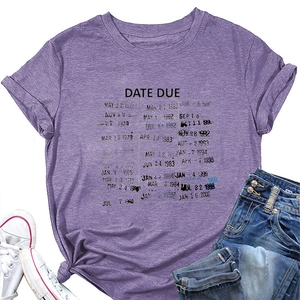 Flat lay of purple heather t-shirt featuring vintage Library Date Due Card graphic print