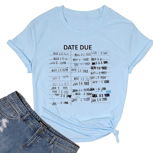 Flat lay of light blue summer T-shirt featuring retro DATE DUE print and knotted hem
