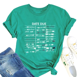 Green cotton T-shirt featuring vintage library date due card print with denim jeans
