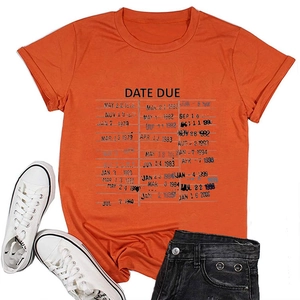 Detail view of orange Date Due cotton t-shirt with retro library card print and denim shorts