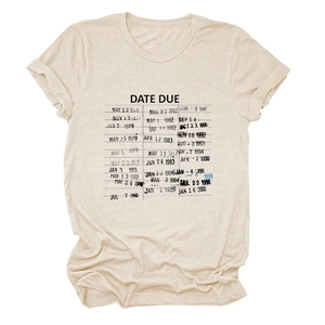 Detail of cotton crew neck t-shirt featuring a retro library card date due graphic print