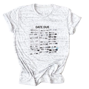 Detailed close-up of light gray marl T-shirt featuring a vintage Date Due library stamp print