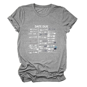 Close-up of grey cotton t-shirt featuring creative date due library card graphic print
