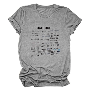 Detail of grey cotton T-shirt featuring vintage library date due card stamp print