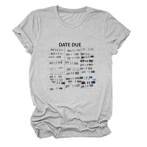 Detail of light gray cotton t-shirt with vintage Date Due library card graphic print