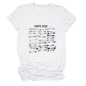 Detail of vintage Date Due library card print on a white cotton crew neck T-shirt
