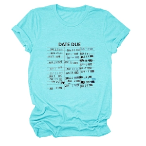 Detail of teal short sleeve T-shirt featuring a vintage library card Date Due graphic