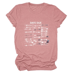 Close-up of retro pink t-shirt featuring a nostalgic DATE DUE library card print