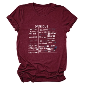 Detail of burgundy cotton T-shirt featuring vintage Date Due library card graphic print