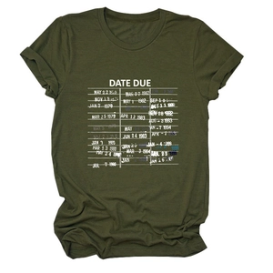 Detail of army green T-shirt featuring a vintage library card 'DATE DUE' graphic print