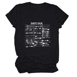 Detailed flat lay of black cotton T-shirt featuring vintage white date due library print
