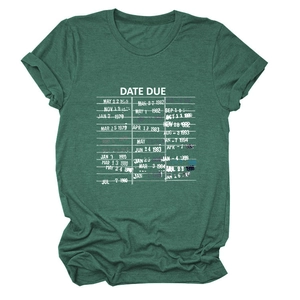 Detail view of the vintage Date Due library card print on a heather green cotton T-shirt