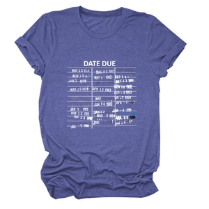 Close-up of Heather Purple T-shirt featuring vintage DATE DUE library card stamp print